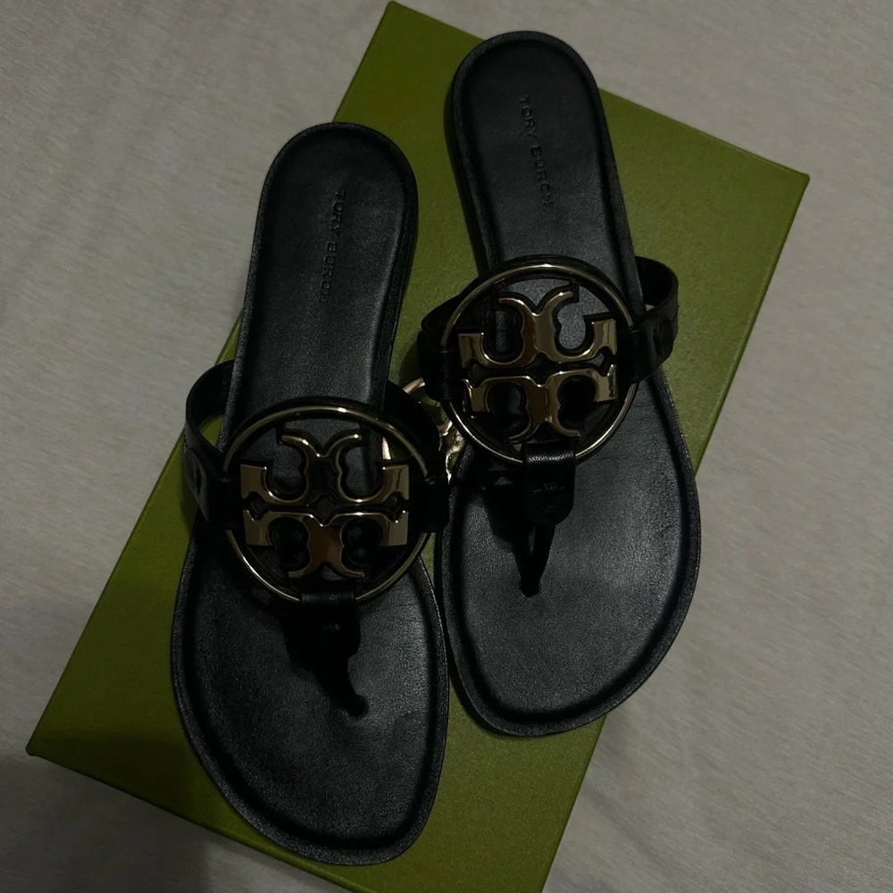 Tory Burch Black Leather Miller Logo Thong Sandals with Gold Medallion